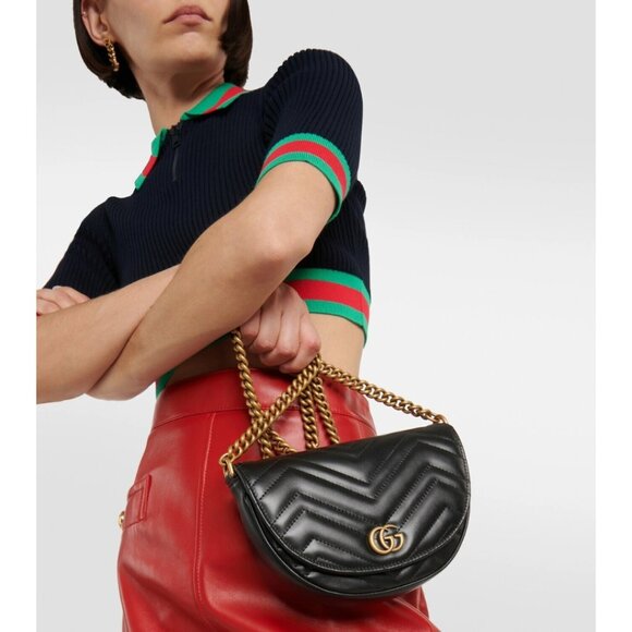 Authentic Gucci GG Marmont Half Moon Mini Crossbody Bag Black Matelassé Leather - Picture 1 of 12